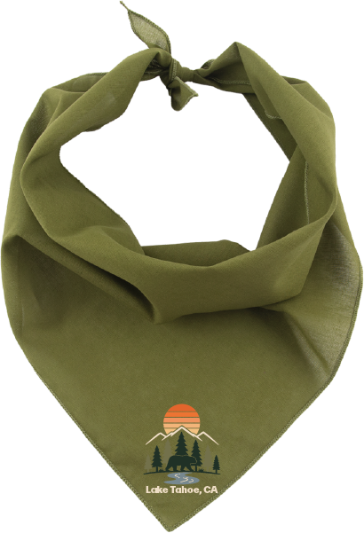 Olive green dog bandana with a sun, mountain, trees, ear and river with the words "Tahoe, CA"