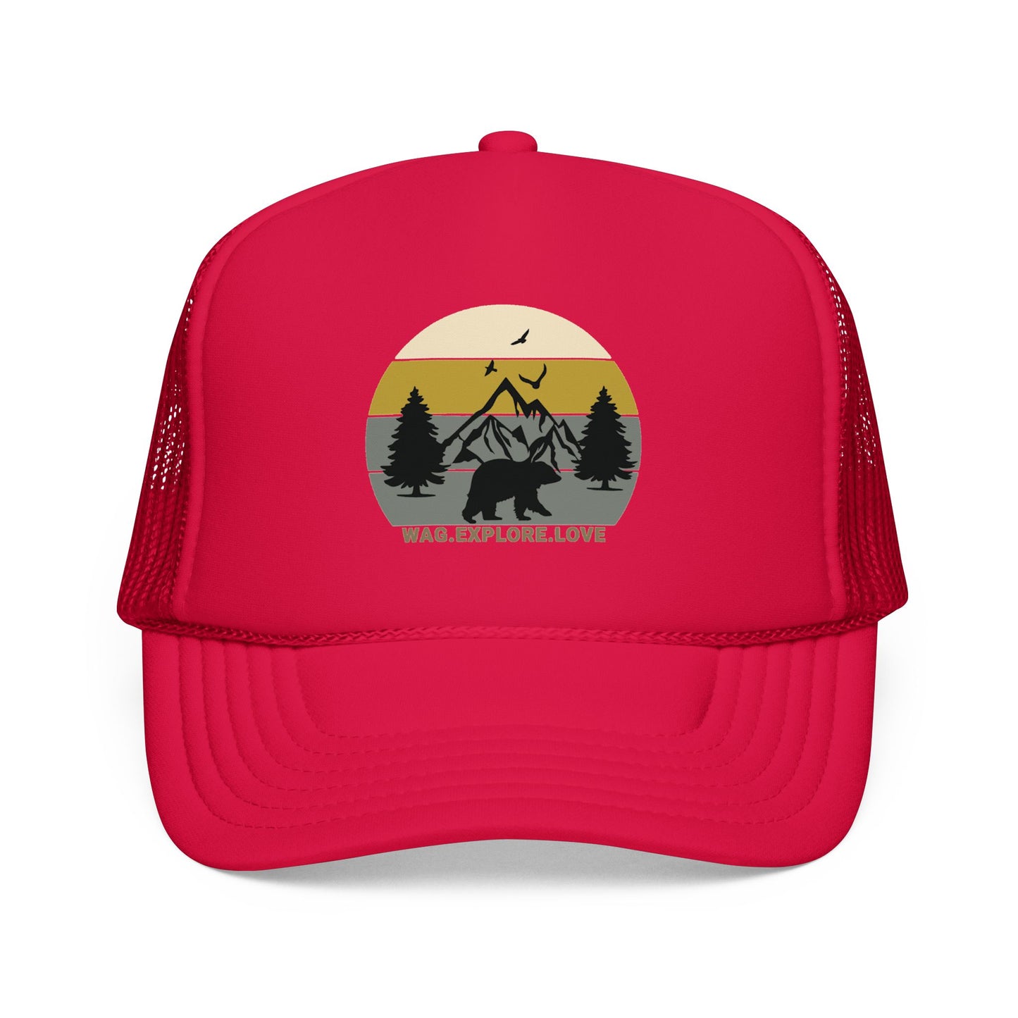 Adventure Trucker Hat – 'Wag. Explore. Love.' Vintage Mountain Dog Design