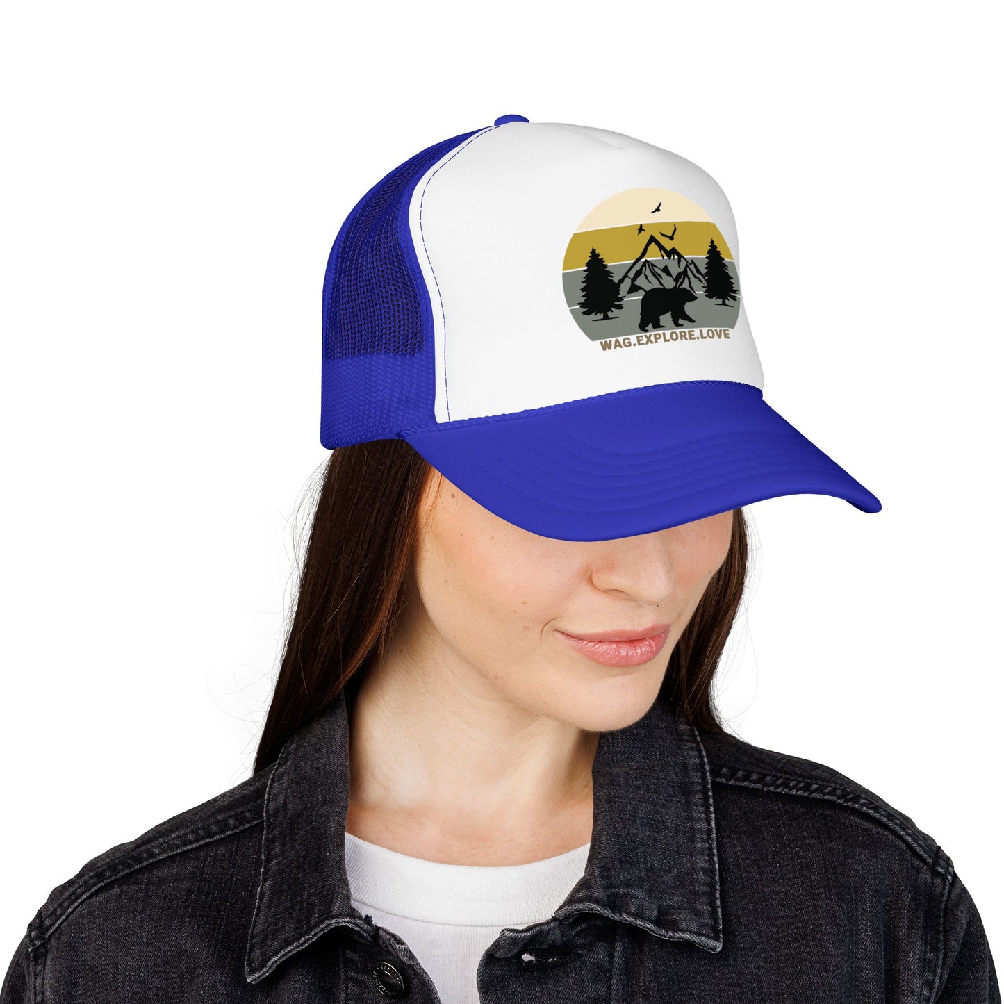 Adventure Trucker Hat – 'Wag. Explore. Love.' Vintage Mountain Dog Design