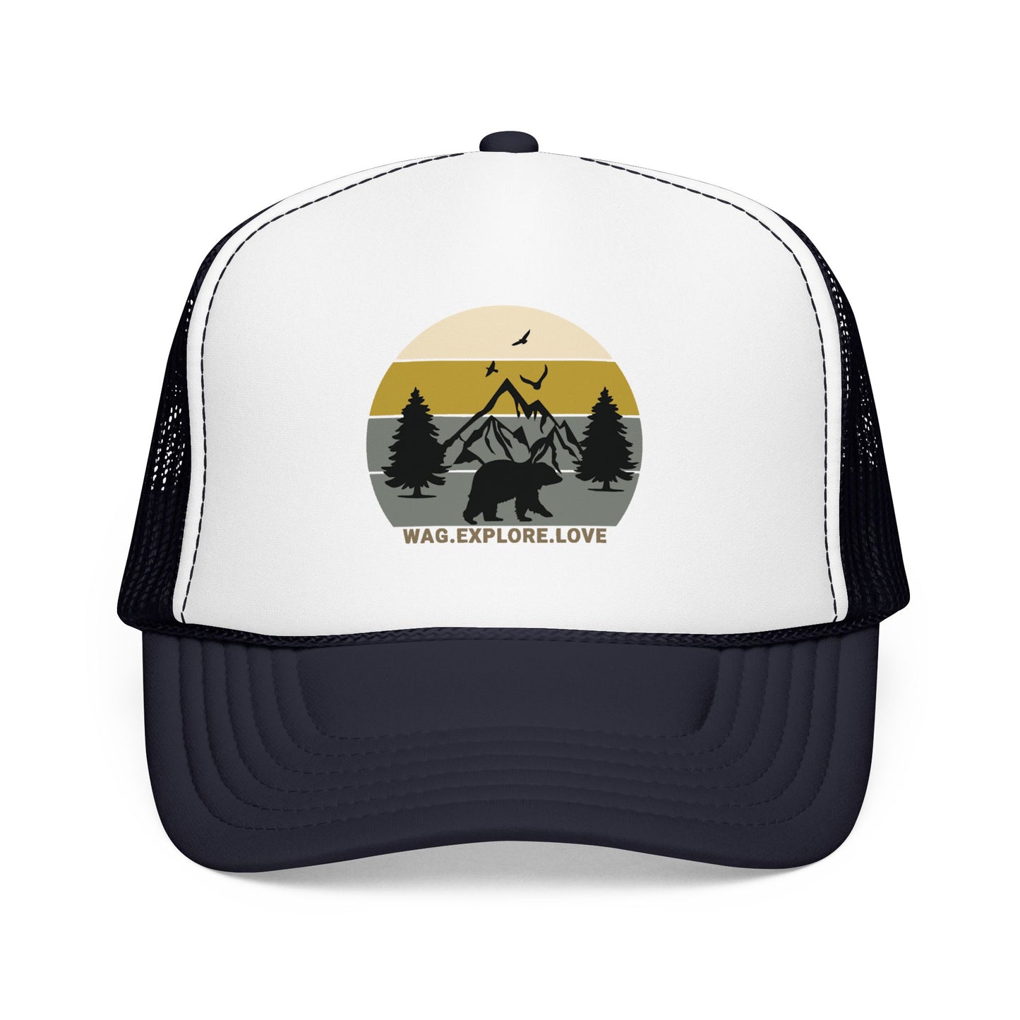 Adventure Trucker Hat – 'Wag. Explore. Love.' Vintage Mountain Dog Design