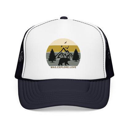 Adventure Trucker Hat – 'Wag. Explore. Love.' Vintage Mountain Dog Design