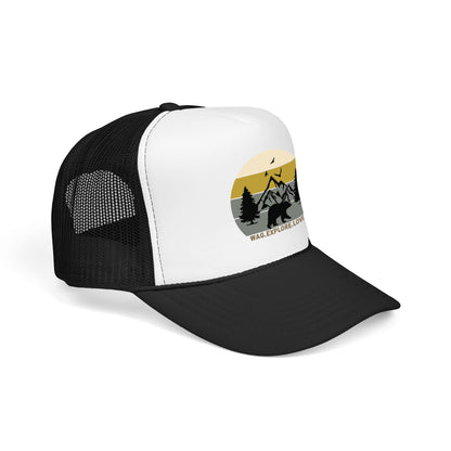 Adventure Trucker Hat – 'Wag. Explore. Love.' Vintage Mountain Dog Design