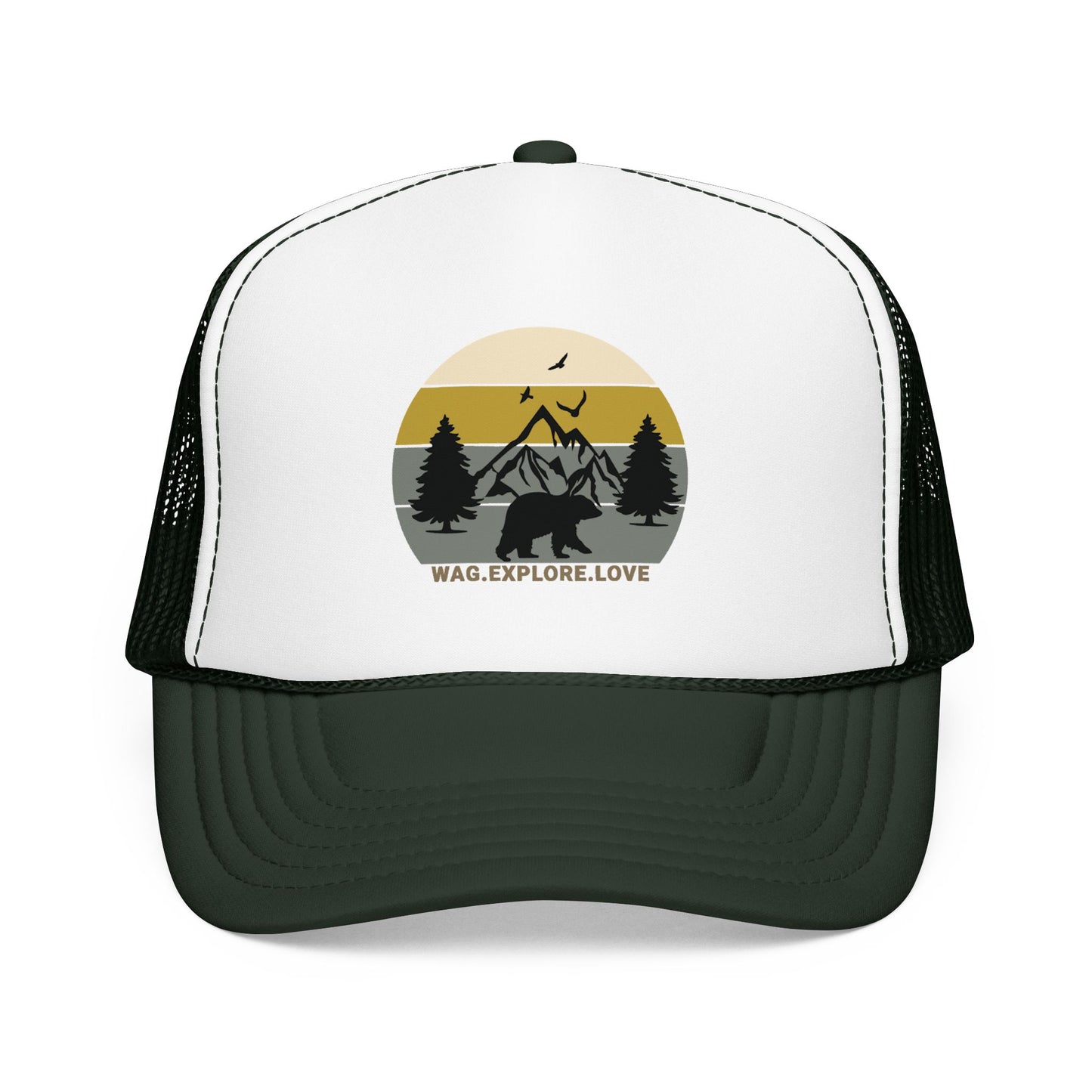 Adventure Trucker Hat – 'Wag. Explore. Love.' Vintage Mountain Dog Design