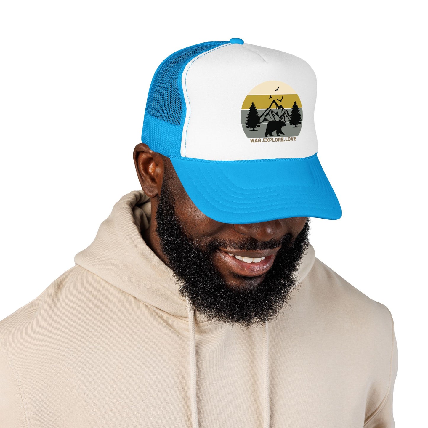 Adventure Trucker Hat – 'Wag. Explore. Love.' Vintage Mountain Dog Design