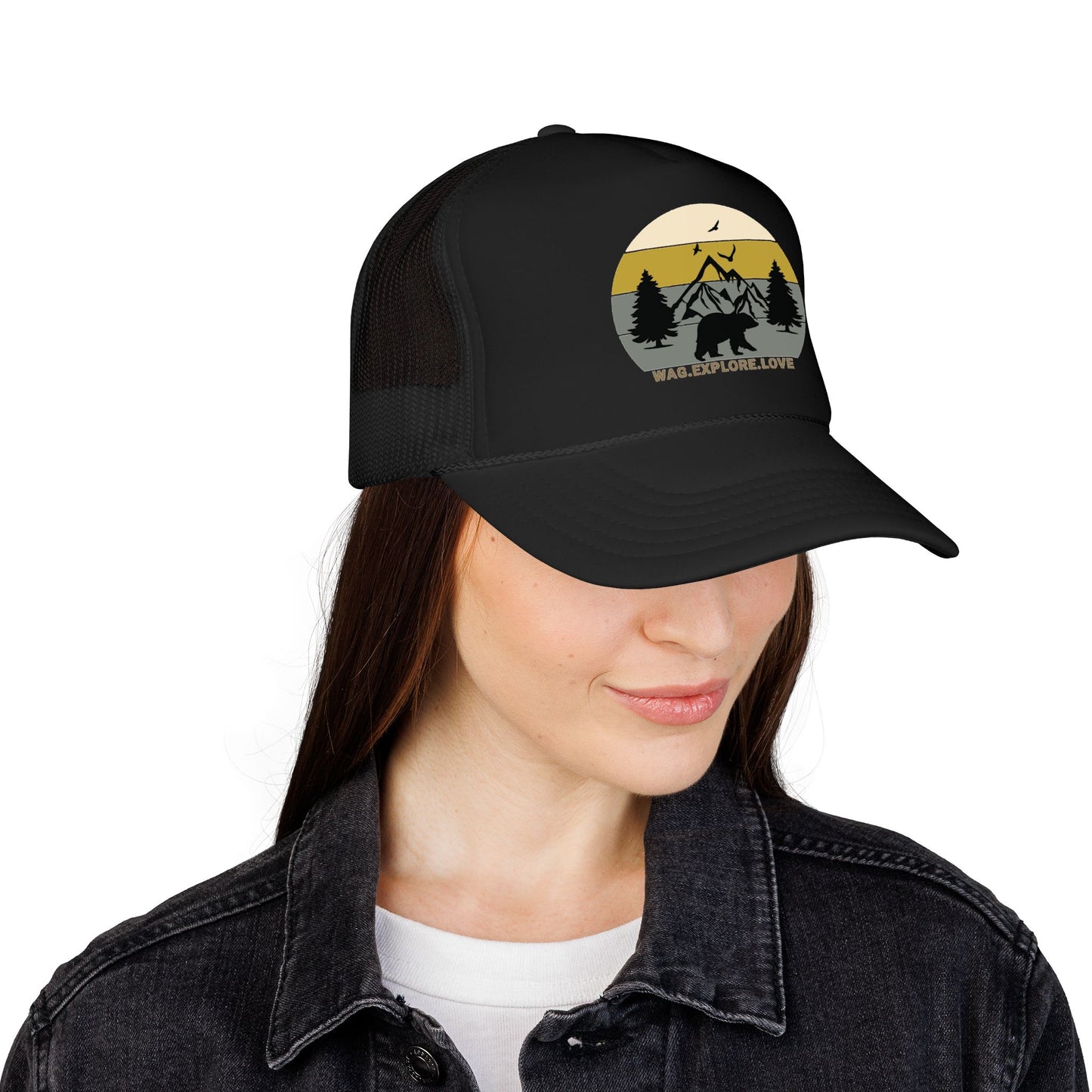 Adventure Trucker Hat – 'Wag. Explore. Love.' Vintage Mountain Dog Design