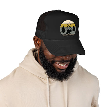 Adventure Trucker Hat – 'Wag. Explore. Love.' Vintage Mountain Dog Design