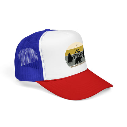 Adventure Trucker Hat – 'Wag. Explore. Love.' Vintage Mountain Dog Design