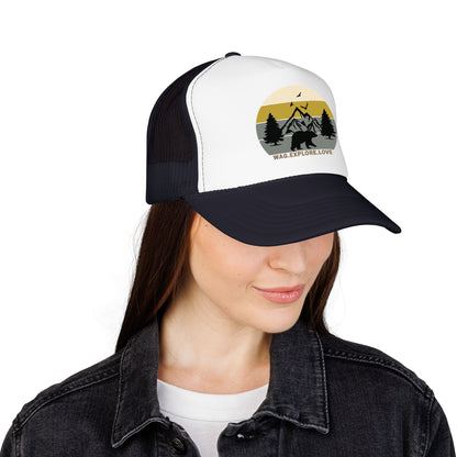 Adventure Trucker Hat – 'Wag. Explore. Love.' Vintage Mountain Dog Design