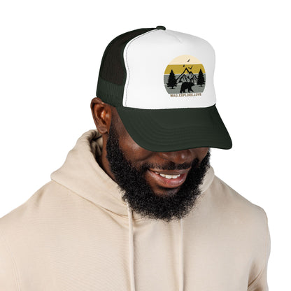 Adventure Trucker Hat – 'Wag. Explore. Love.' Vintage Mountain Dog Design