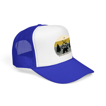 Adventure Trucker Hat – 'Wag. Explore. Love.' Vintage Mountain Dog Design