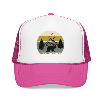 Adventure Trucker Hat – 'Wag. Explore. Love.' Vintage Mountain Dog Design