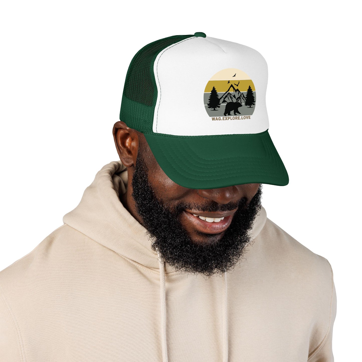 Adventure Trucker Hat – 'Wag. Explore. Love.' Vintage Mountain Dog Design
