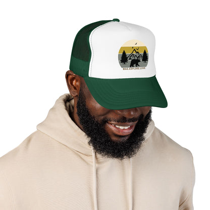 Adventure Trucker Hat – 'Wag. Explore. Love.' Vintage Mountain Dog Design