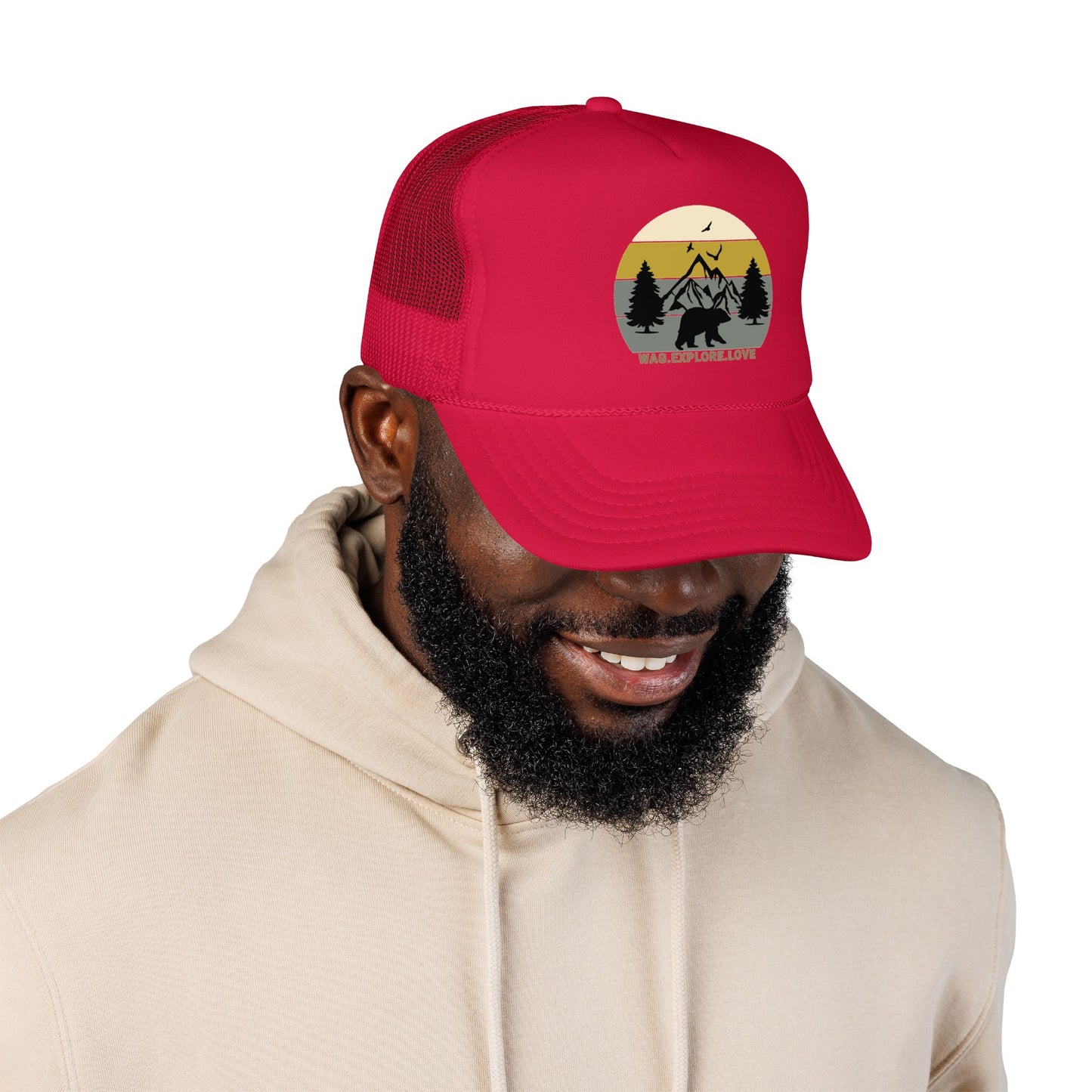 Adventure Trucker Hat – 'Wag. Explore. Love.' Vintage Mountain Dog Design