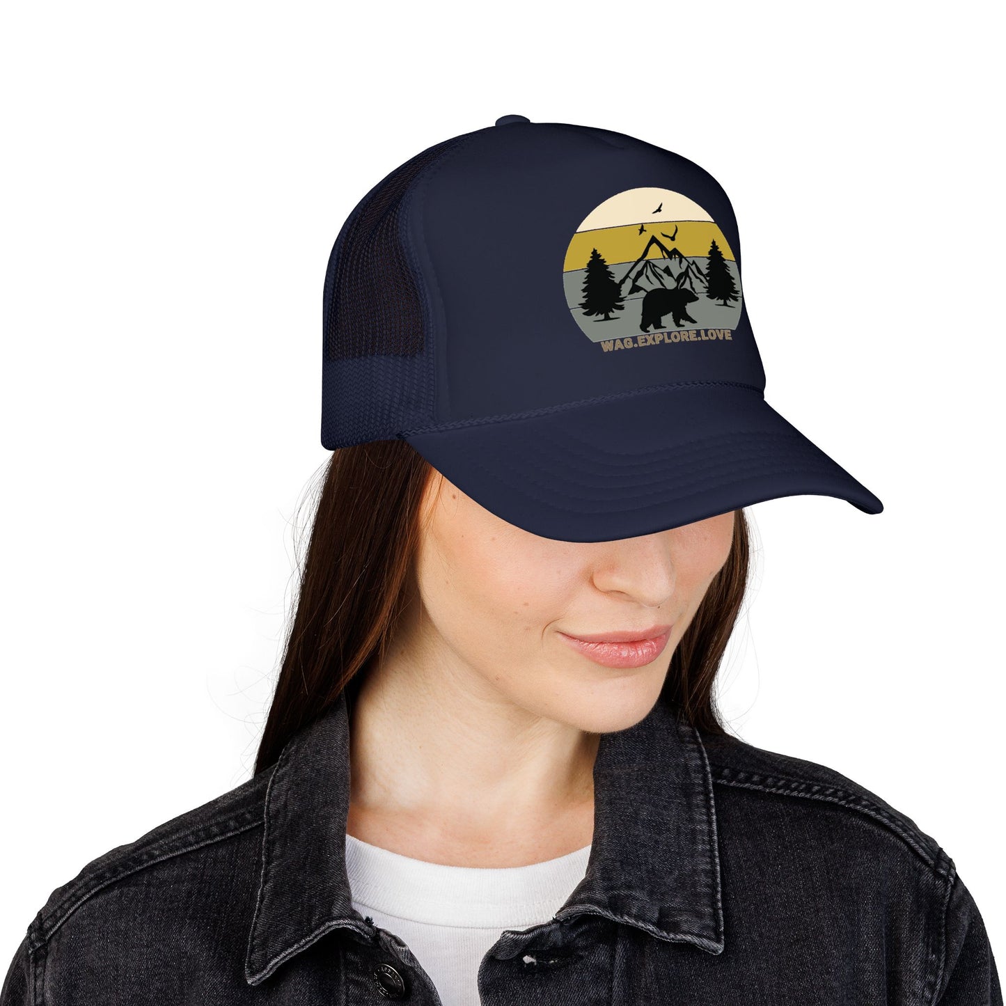 Adventure Trucker Hat – 'Wag. Explore. Love.' Vintage Mountain Dog Design