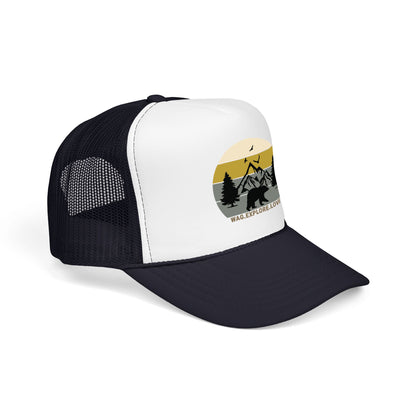 Adventure Trucker Hat – 'Wag. Explore. Love.' Vintage Mountain Dog Design