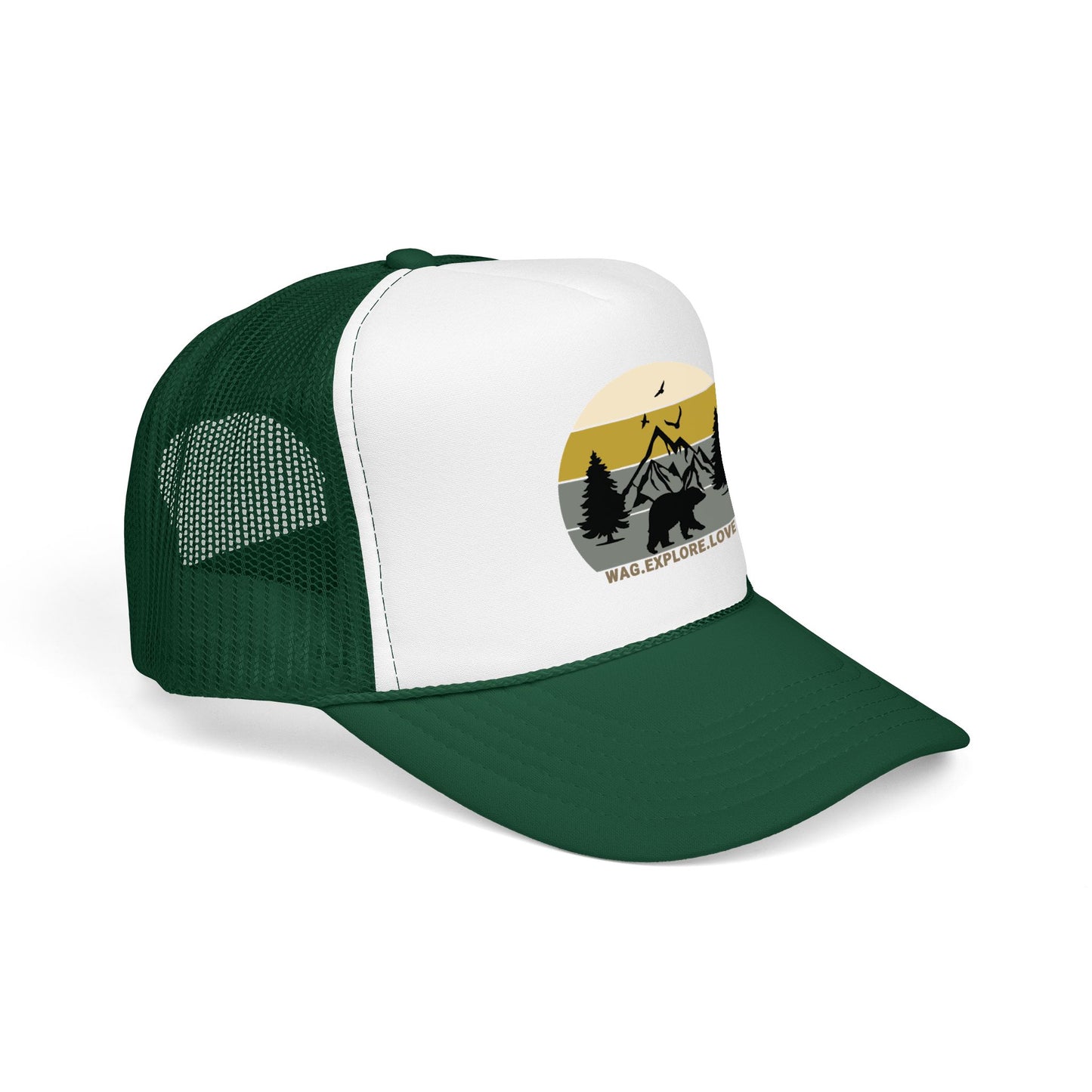 Adventure Trucker Hat – 'Wag. Explore. Love.' Vintage Mountain Dog Design