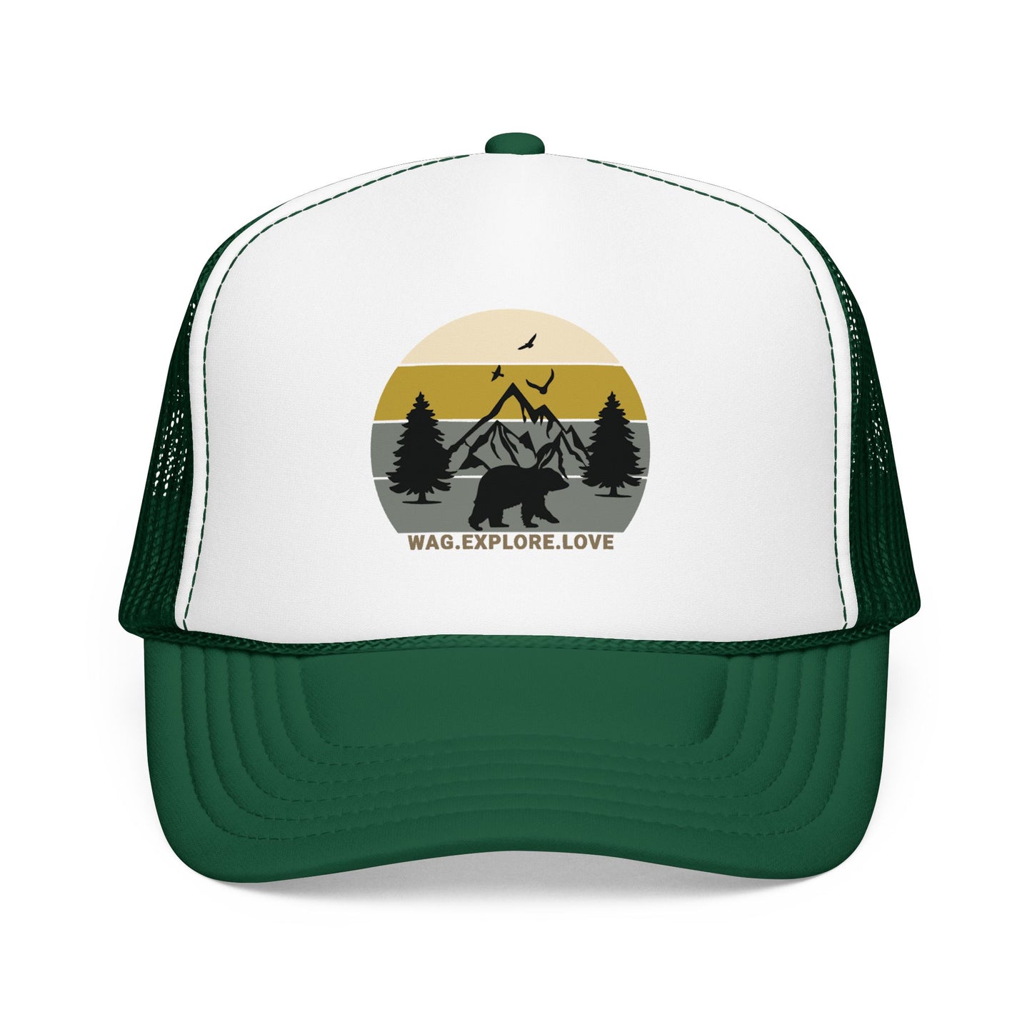 Adventure Trucker Hat – 'Wag. Explore. Love.' Vintage Mountain Dog Design