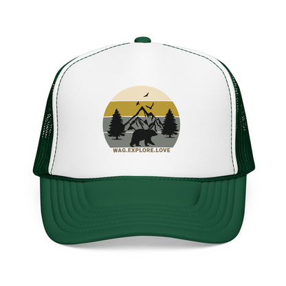 Adventure Trucker Hat – 'Wag. Explore. Love.' Vintage Mountain Dog Design