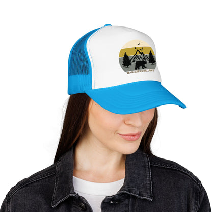 Adventure Trucker Hat – 'Wag. Explore. Love.' Vintage Mountain Dog Design