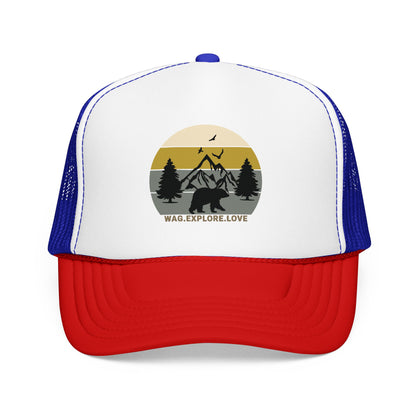 Adventure Trucker Hat – 'Wag. Explore. Love.' Vintage Mountain Dog Design