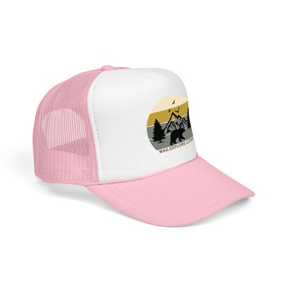 Adventure Trucker Hat – 'Wag. Explore. Love.' Vintage Mountain Dog Design