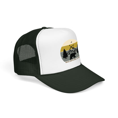 Adventure Trucker Hat – 'Wag. Explore. Love.' Vintage Mountain Dog Design