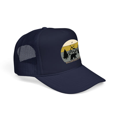 Adventure Trucker Hat – 'Wag. Explore. Love.' Vintage Mountain Dog Design