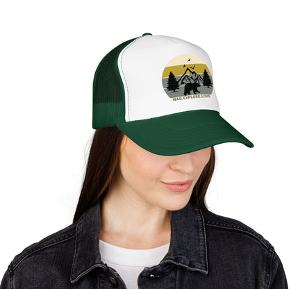 Adventure Trucker Hat – 'Wag. Explore. Love.' Vintage Mountain Dog Design