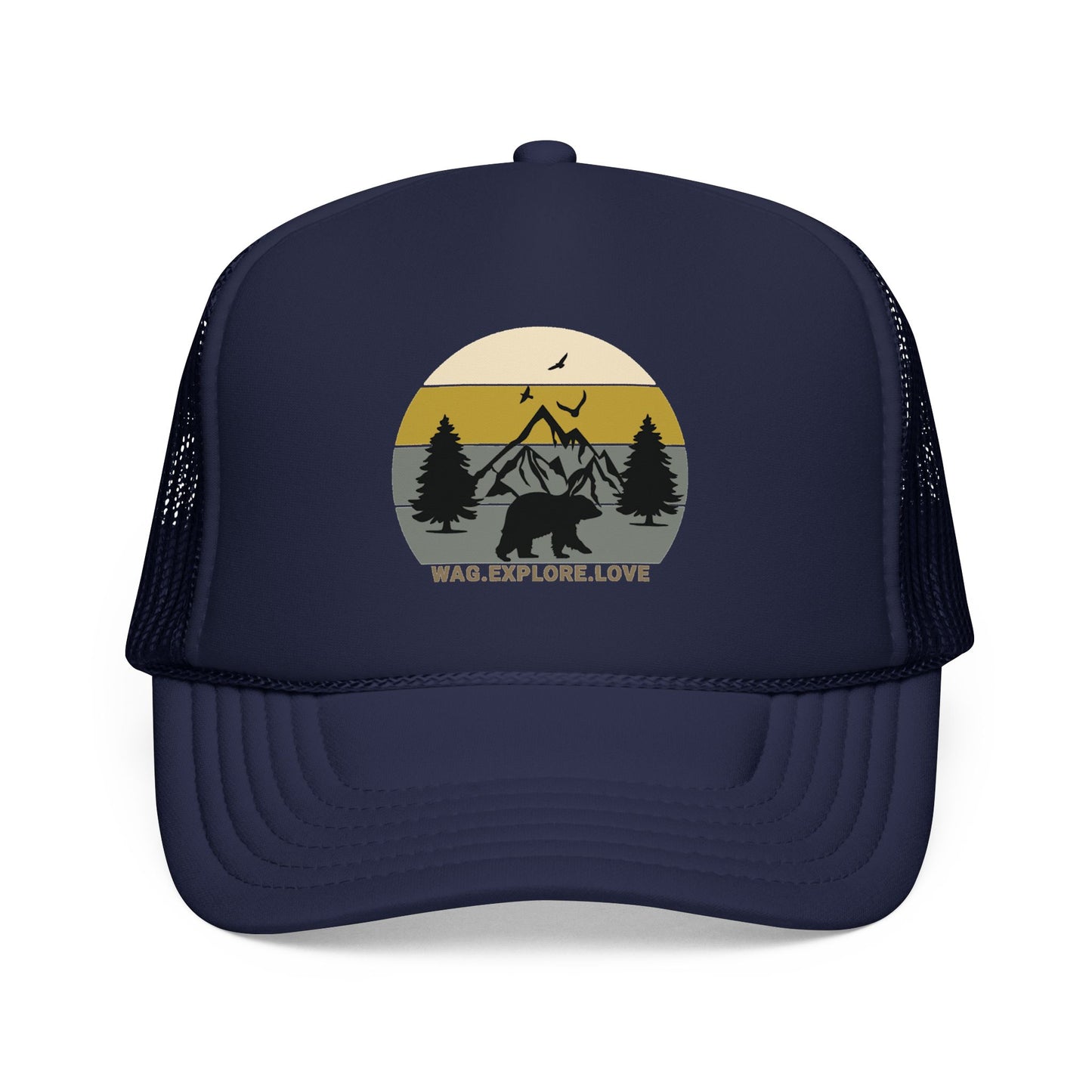 Adventure Trucker Hat – 'Wag. Explore. Love.' Vintage Mountain Dog Design