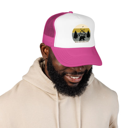 Adventure Trucker Hat – 'Wag. Explore. Love.' Vintage Mountain Dog Design