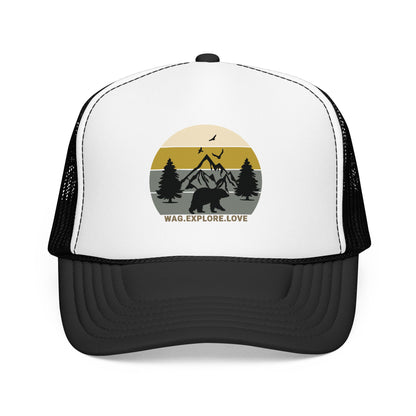 Adventure Trucker Hat – 'Wag. Explore. Love.' Vintage Mountain Dog Design