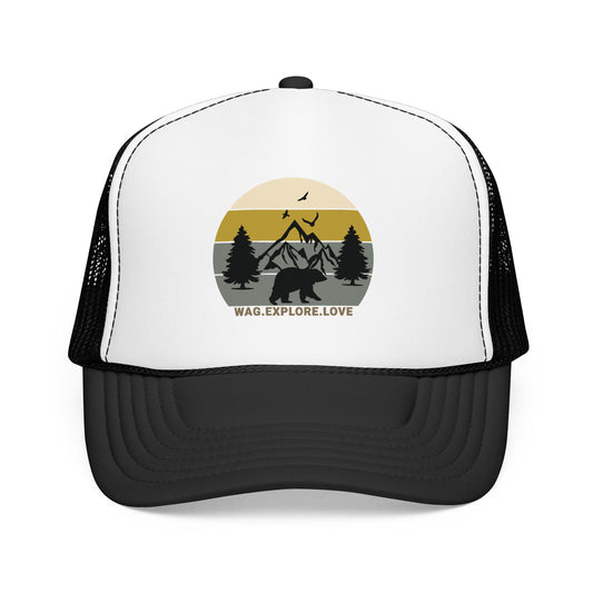 Adventure Trucker Hat – 'Wag. Explore. Love.' Vintage Mountain Dog Design