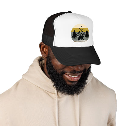 Adventure Trucker Hat – 'Wag. Explore. Love.' Vintage Mountain Dog Design