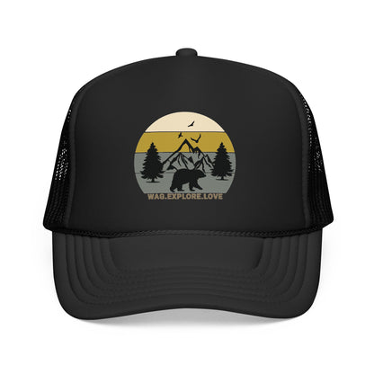 Adventure Trucker Hat – 'Wag. Explore. Love.' Vintage Mountain Dog Design