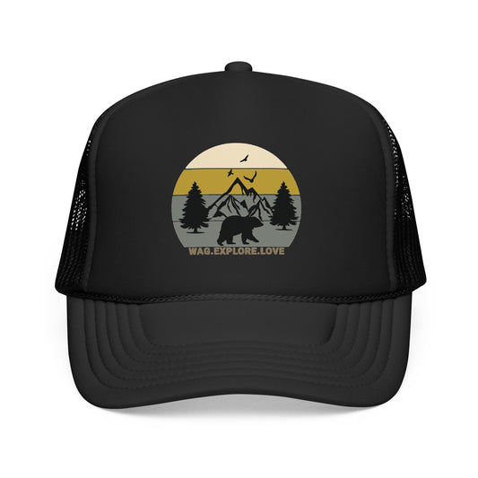 Adventure Trucker Hat – 'Wag. Explore. Love.' Vintage Mountain Dog Design