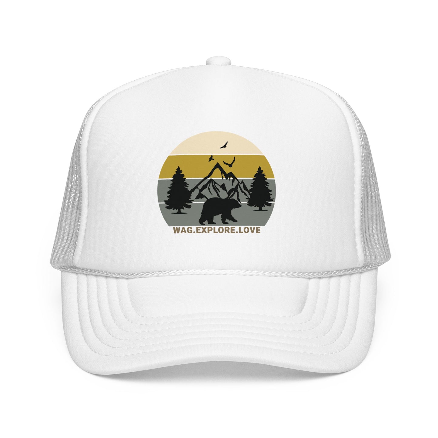 Adventure Trucker Hat – 'Wag. Explore. Love.' Vintage Mountain Dog Design