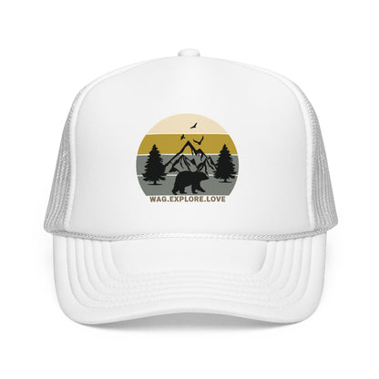 Adventure Trucker Hat – 'Wag. Explore. Love.' Vintage Mountain Dog Design