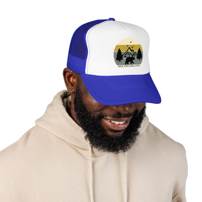Adventure Trucker Hat – 'Wag. Explore. Love.' Vintage Mountain Dog Design