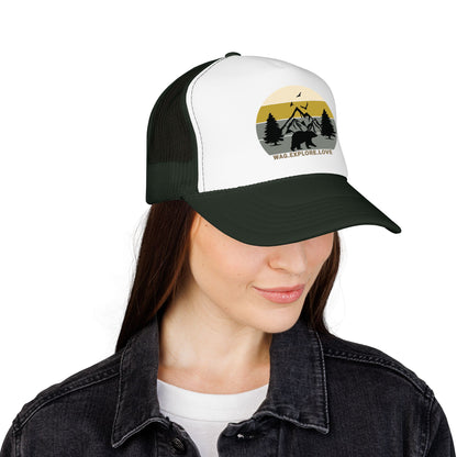 Adventure Trucker Hat – 'Wag. Explore. Love.' Vintage Mountain Dog Design