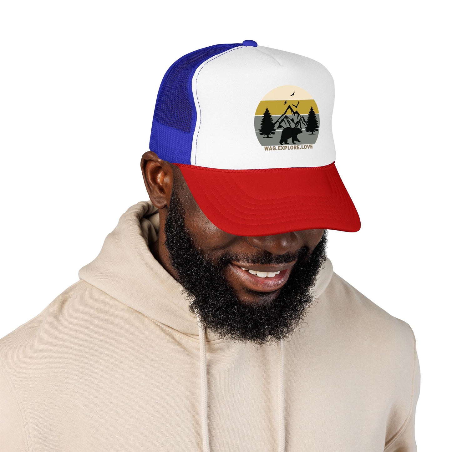 Adventure Trucker Hat – 'Wag. Explore. Love.' Vintage Mountain Dog Design
