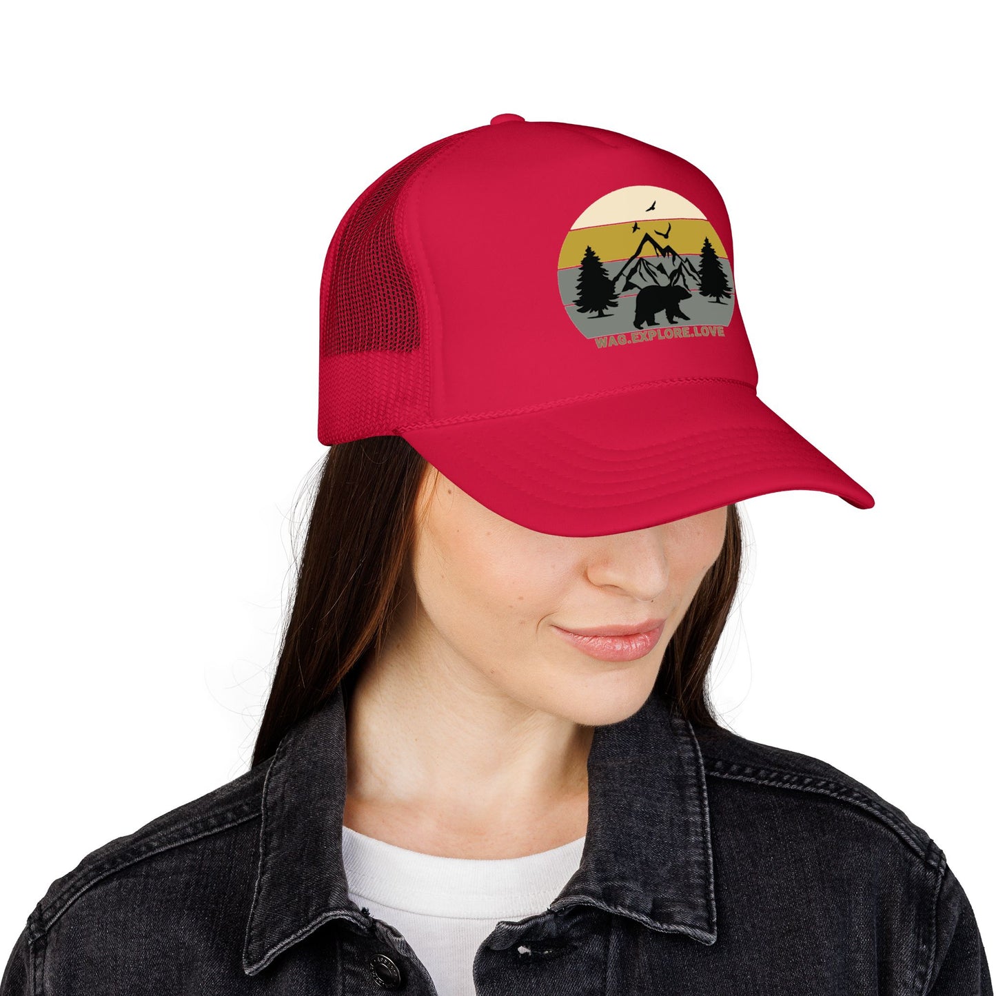 Adventure Trucker Hat – 'Wag. Explore. Love.' Vintage Mountain Dog Design