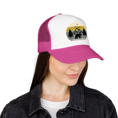 Adventure Trucker Hat – 'Wag. Explore. Love.' Vintage Mountain Dog Design