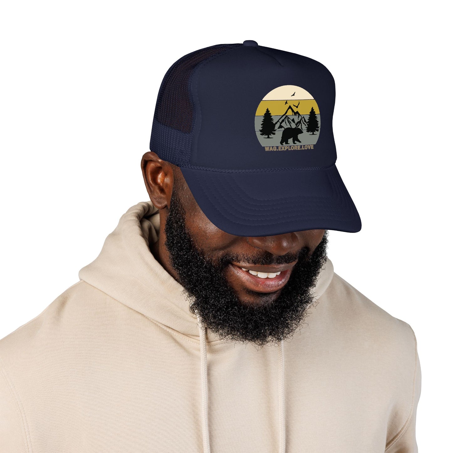 Adventure Trucker Hat – 'Wag. Explore. Love.' Vintage Mountain Dog Design