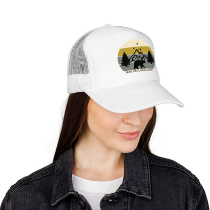 Adventure Trucker Hat – 'Wag. Explore. Love.' Vintage Mountain Dog Design