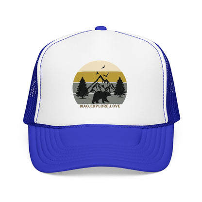 Adventure Trucker Hat – 'Wag. Explore. Love.' Vintage Mountain Dog Design