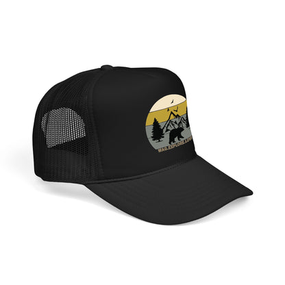 Adventure Trucker Hat – 'Wag. Explore. Love.' Vintage Mountain Dog Design