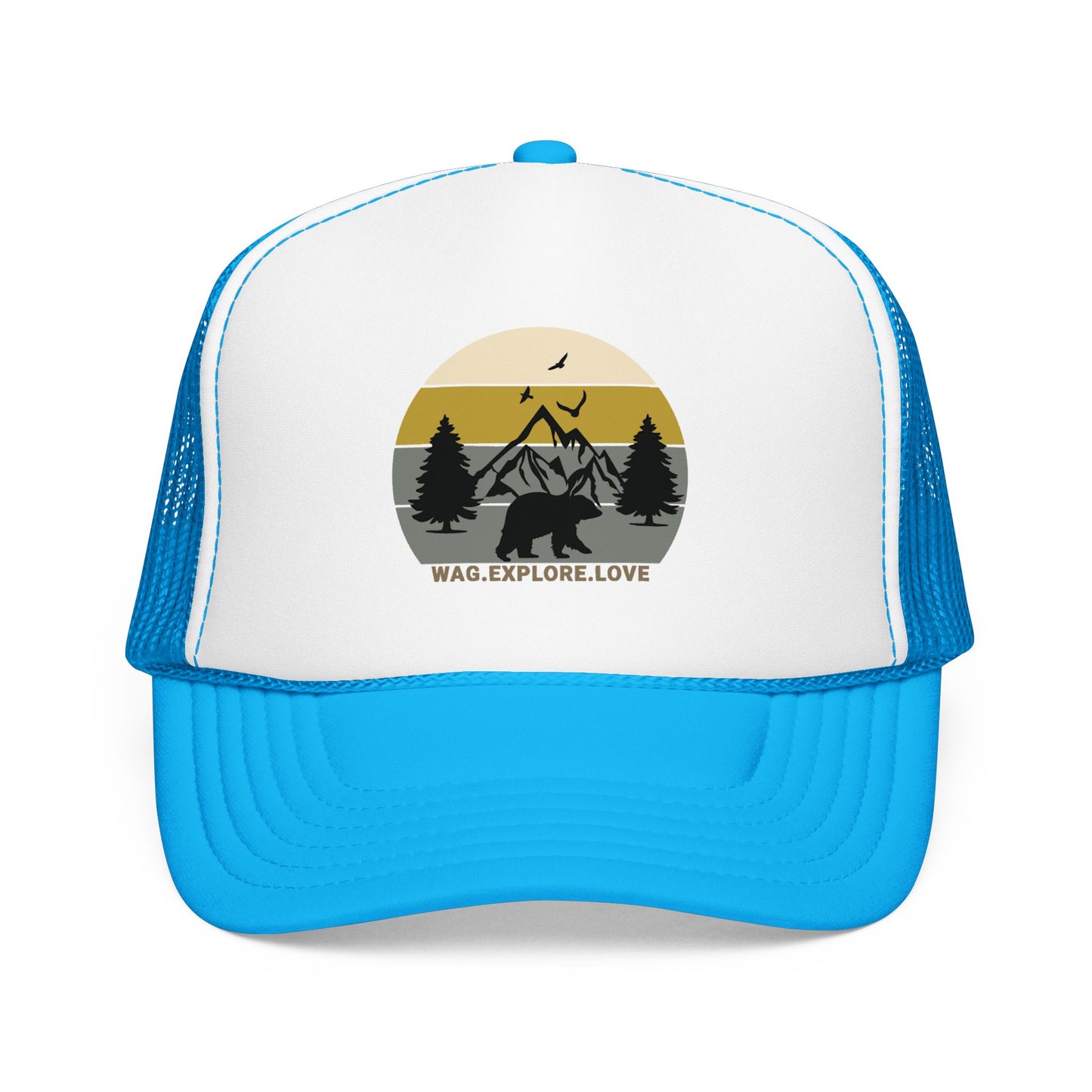 Adventure Trucker Hat – 'Wag. Explore. Love.' Vintage Mountain Dog Design
