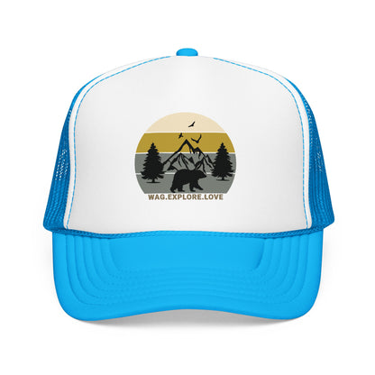 Adventure Trucker Hat – 'Wag. Explore. Love.' Vintage Mountain Dog Design