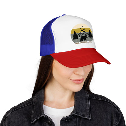 Adventure Trucker Hat – 'Wag. Explore. Love.' Vintage Mountain Dog Design